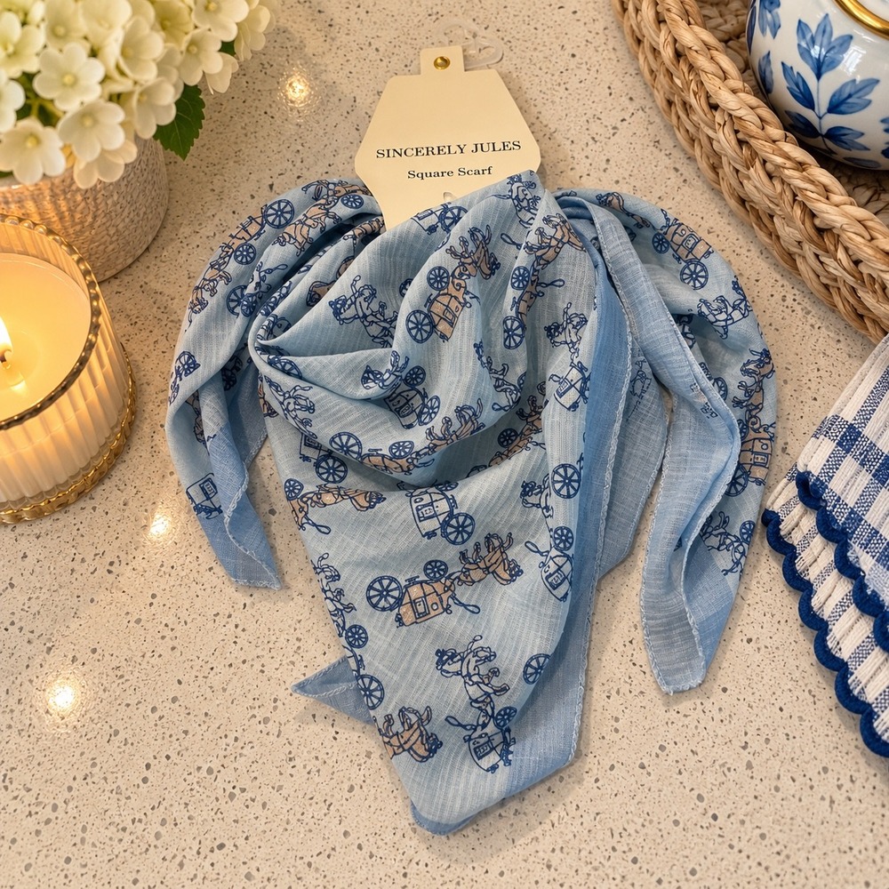 Sincerely Jules Scarf Light Blue Horse coach and Carriage Print Equestrian New